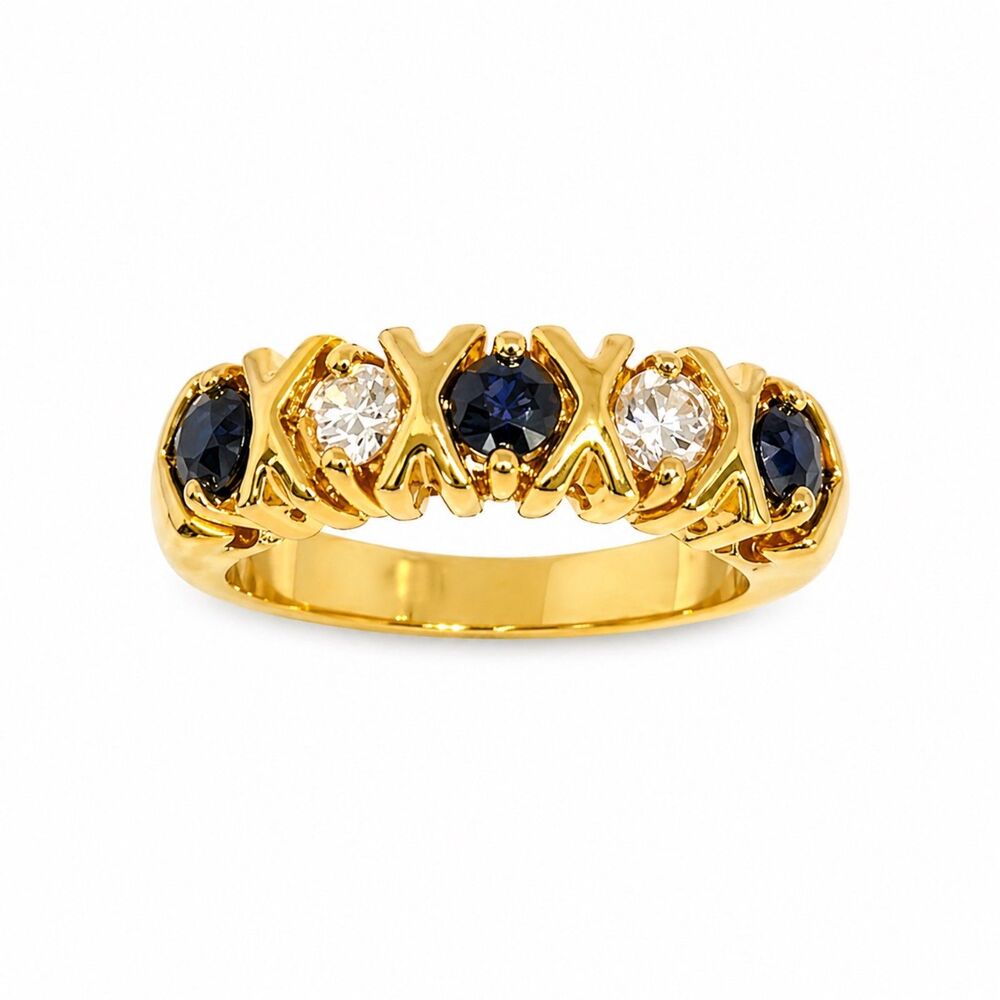 Vintage 1980s Ring Size 7 Uncas Genuine Sapphire XOXO Band CZ Gold Plated - 14I